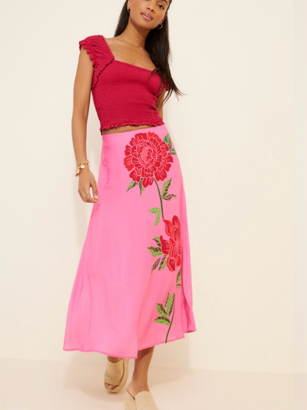 Farm Rio Rose Motif Pink Floral Maxi Skirt